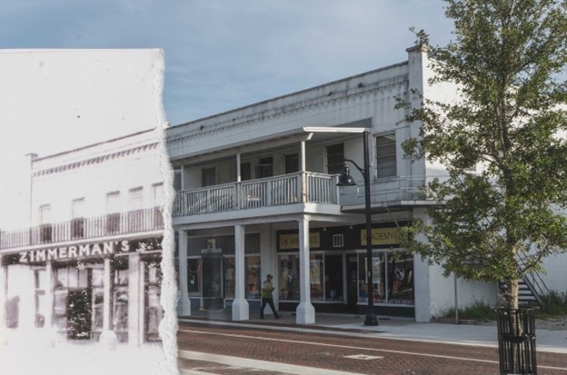 Historic Photo and current photo of St. Cloud Conn Building merged together