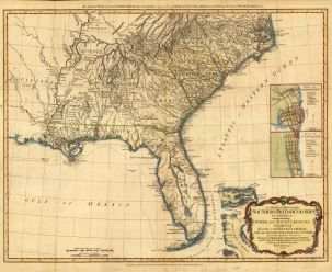 Map in sepia tones of the southern British colonies in 1776.