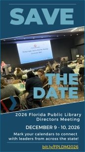 Save the Date announcement for the 2026 Florida Public Library Directors Meeting, December 9-10, with a large audience seated in a conference room.